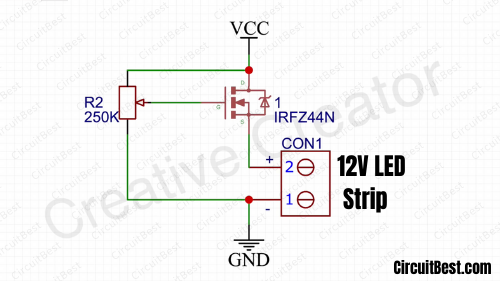 Strip LED Dimmer Circuit with IRFZ44N MOSFET