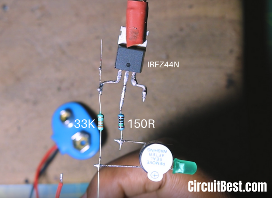 Wire Break Alarm Circuit with IRFZ44N Mosfet.