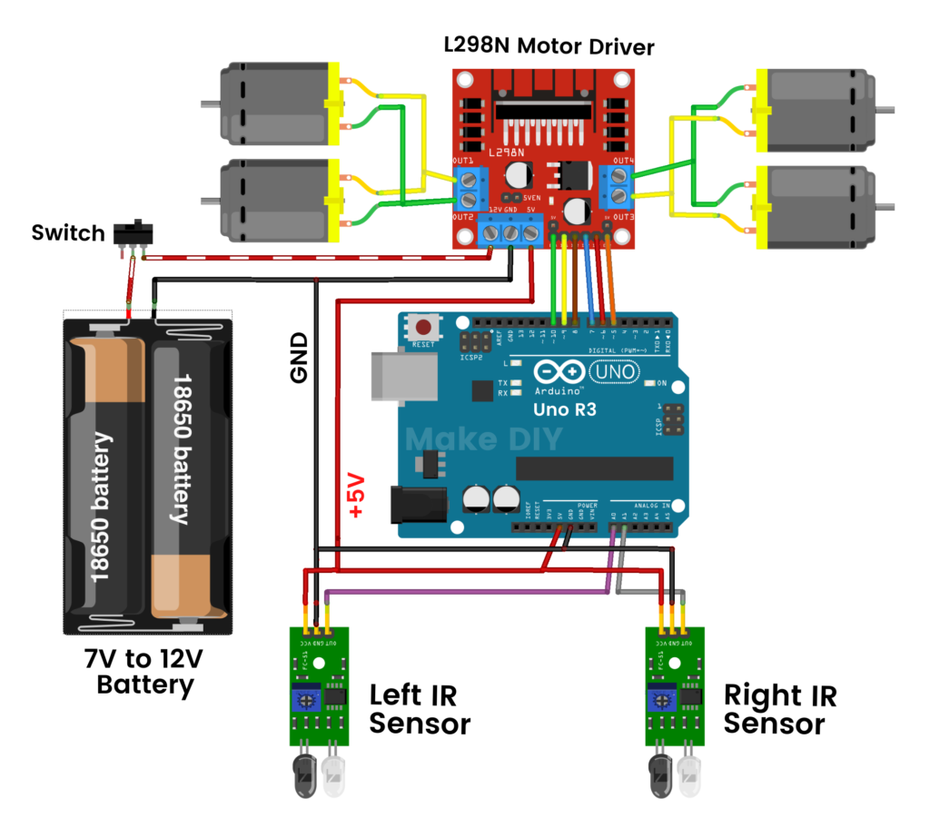 Arduino Line Follower Robot with IR Sensor, Arduino Uno and L298N Motor Driver