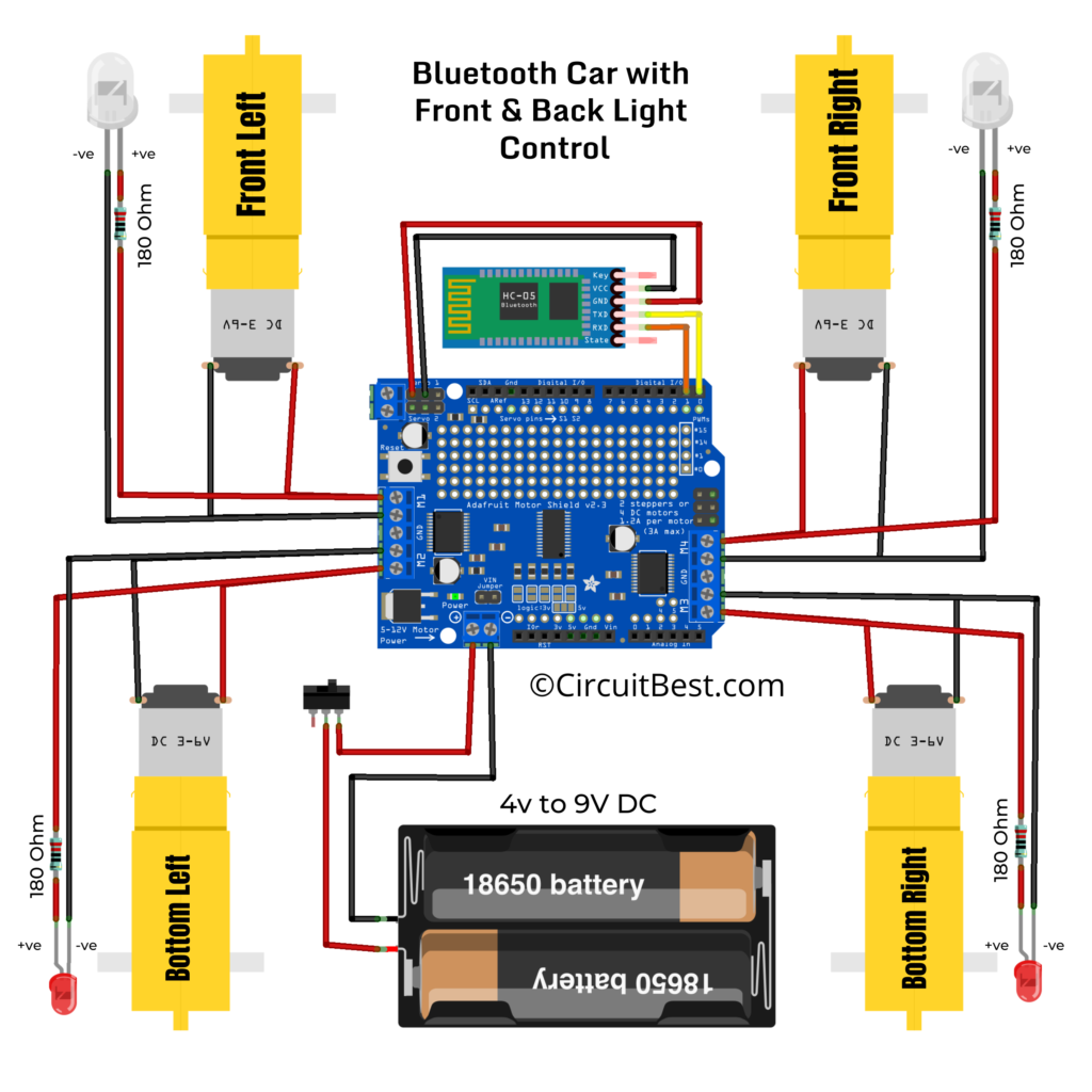 bluetooth controlled car using arduino uno and L293d with front and back lights circuit diagram