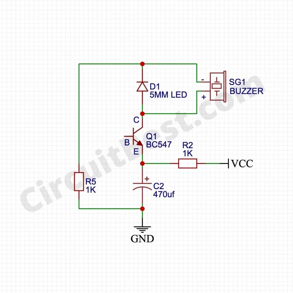 Simple LED Flasher circuit with Buzzer