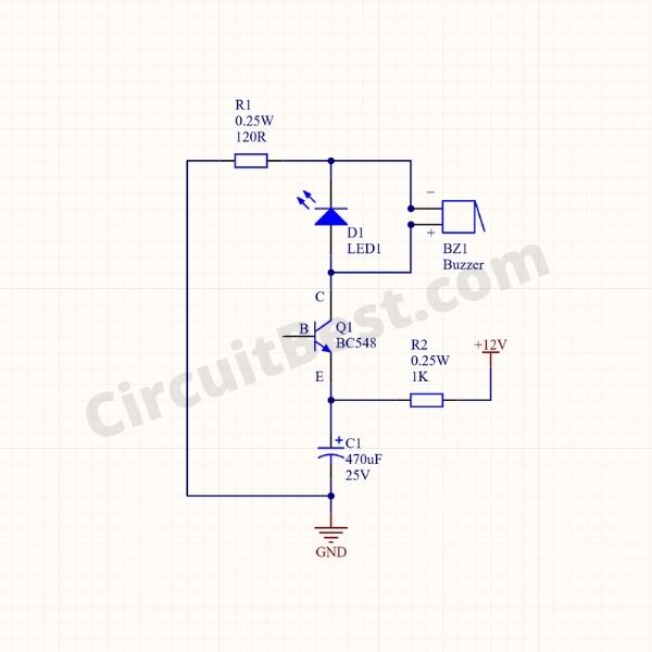 Simple Led flasher circuit with buzzer using bc548 Transistor